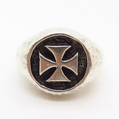 925 Sterling Vintage Maltese Cross Hammered Finish Solid Signet Ring Size 10 1/4