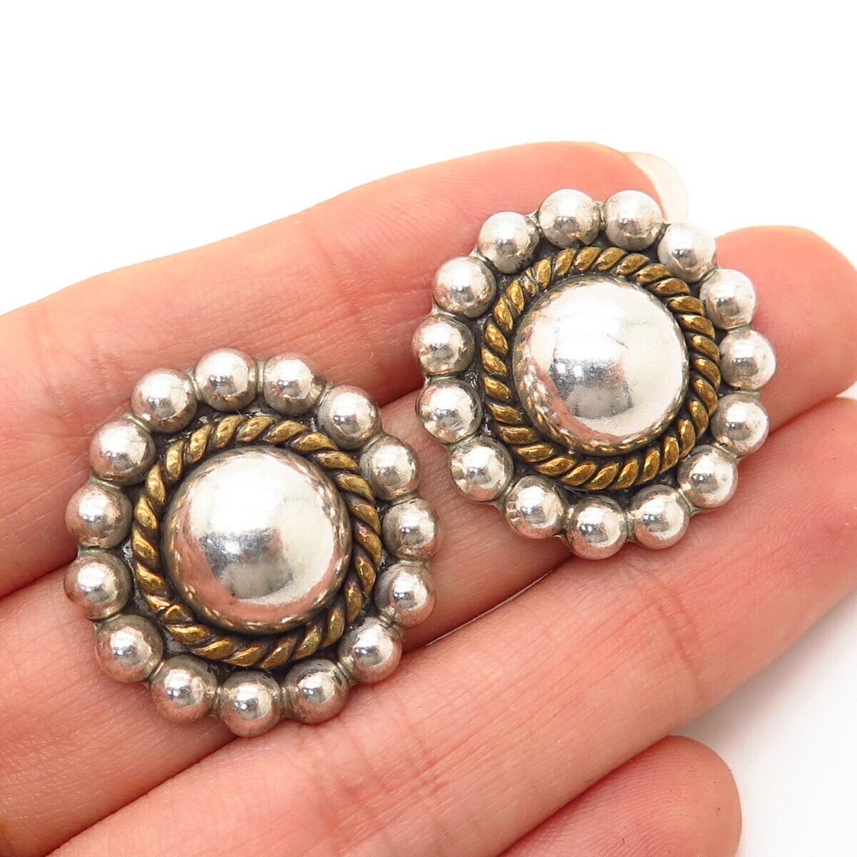 925 Sterling Silver 2-Tone Vintage Mexico Domed Bead Design Round Earrings