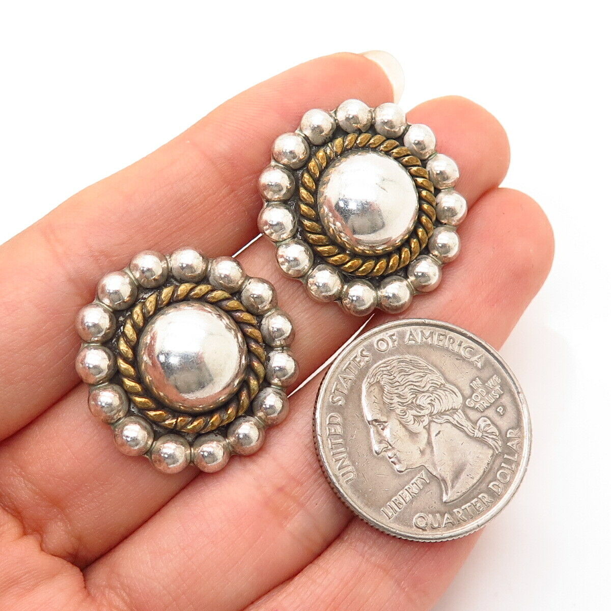 925 Sterling Silver 2-Tone Vintage Mexico Domed Bead Design Round Earrings