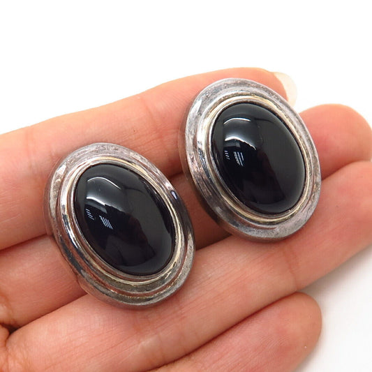 925 Sterling Silver Vintage Mexico Real Black Onyx Gem Oval Clip On Earrings