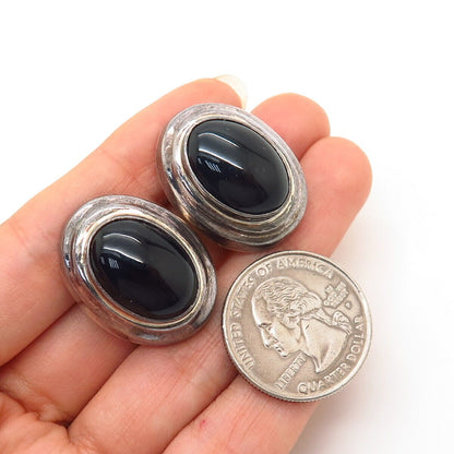 925 Sterling Silver Vintage Mexico Real Black Onyx Gem Oval Clip On Earrings