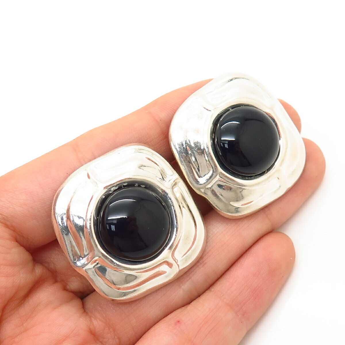 925 Sterling Silver Vintage Mexico Real Black Onyx Gem Clip On Earrings