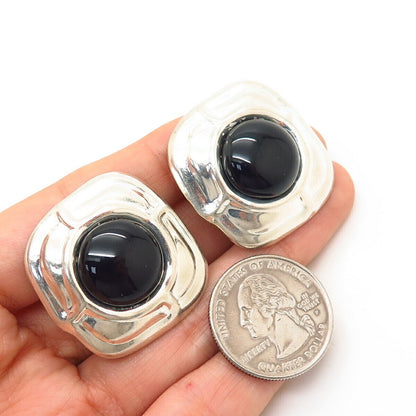 925 Sterling Silver Vintage Mexico Real Black Onyx Gem Clip On Earrings