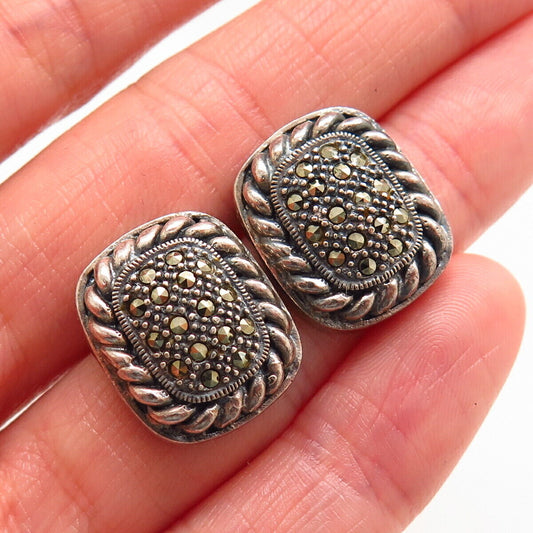 925 Sterling Silver Real Marcasite Gem Twisted Rectangle Design Earrings