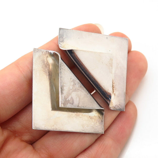 925 Sterling Silver Vintage Mexico Modernist Origami Design Clip On Earrings