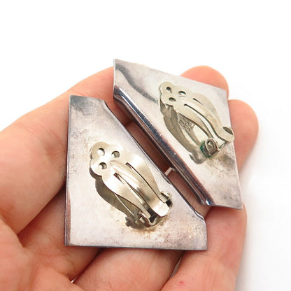 925 Sterling Silver Vintage Mexico Modernist Origami Design Clip On Earrings