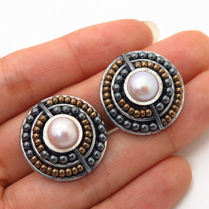 925 Sterling Silver 2-Tone Real Pink Pearl Bead Design Clip On Earrings