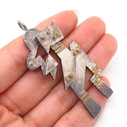925 Sterling Silver 2-Tone Abstract Modernist Design Solid Pendant