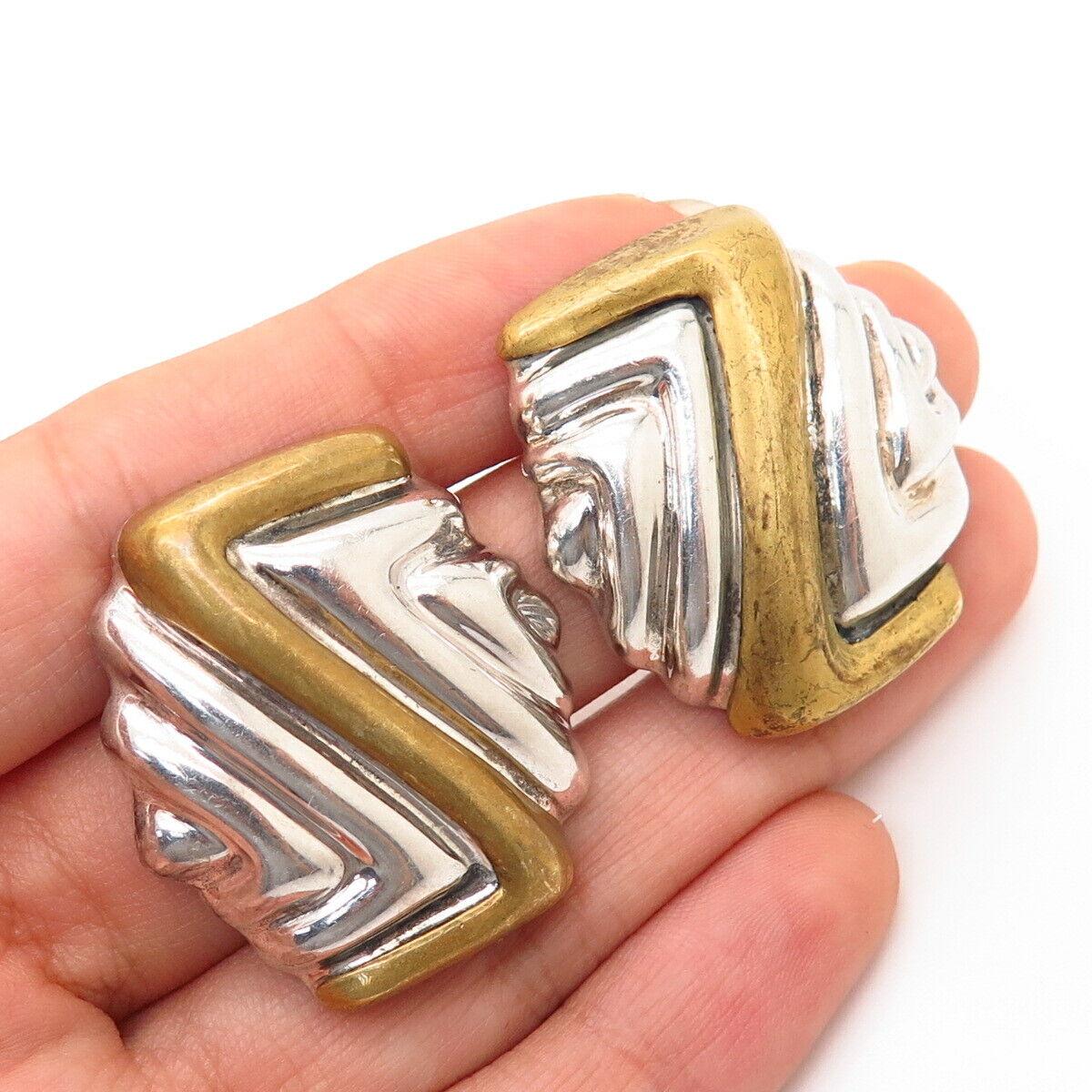 925 Sterling Silver 2-Tone Vintage Mexico Modernist Ribbed “Z” Large Earrings