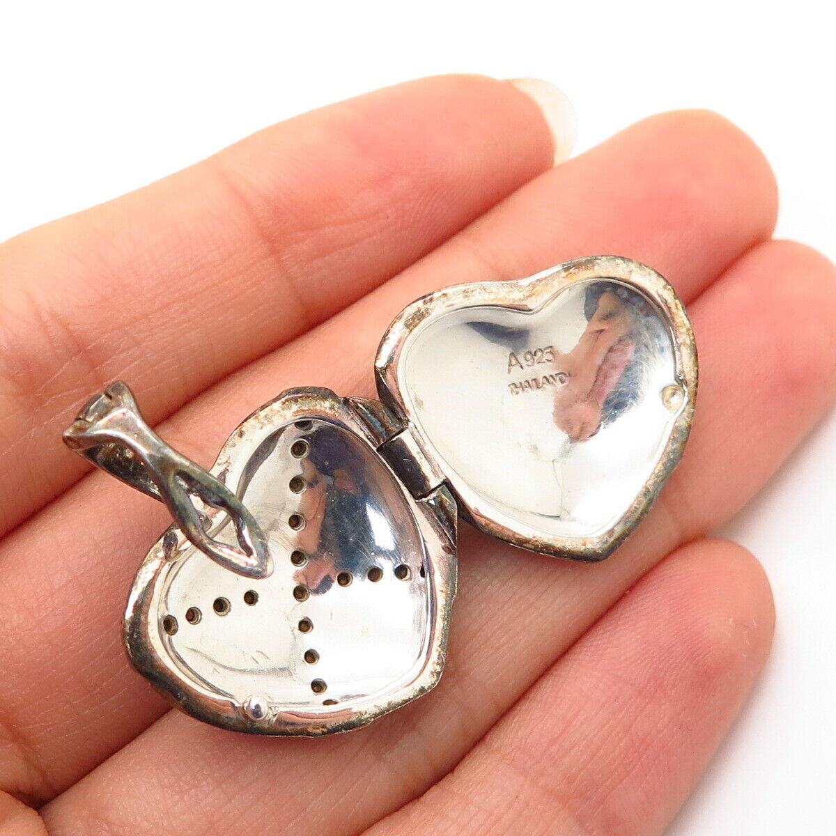 925 Sterling Silver Real Marcasite Gem & C Z Heart Locket Pendant