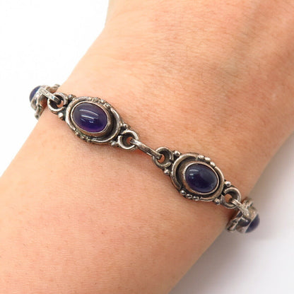 925 Sterling Silver Real Amethyst Gem Oval Link Bracelet 7 1/4"