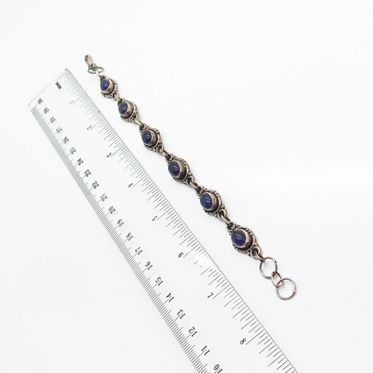 925 Sterling Silver Real Amethyst Gem Oval Link Bracelet 7 1/4"