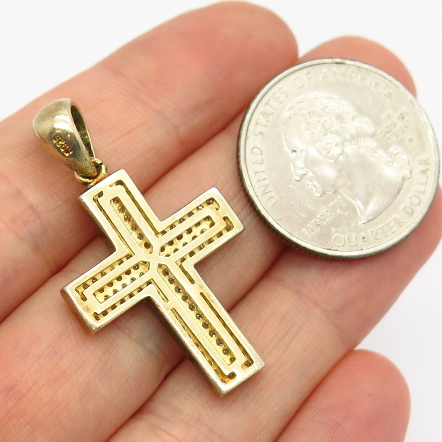 925 Sterling Silver Gold Plated C Z Religious Cross Pendant