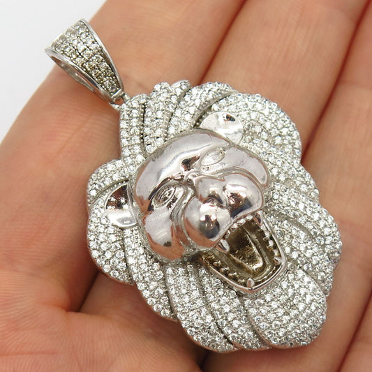 925 Sterling Silver C Z Roaring Lion Design Pendant