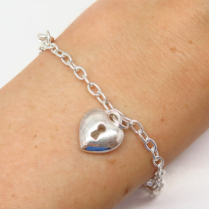 925 Sterling Silver Italy Heart Lock & Key Charm Link Bracelet 6 3/4"