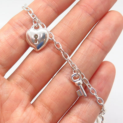 925 Sterling Silver Italy Heart Lock & Key Charm Link Bracelet 6 3/4"