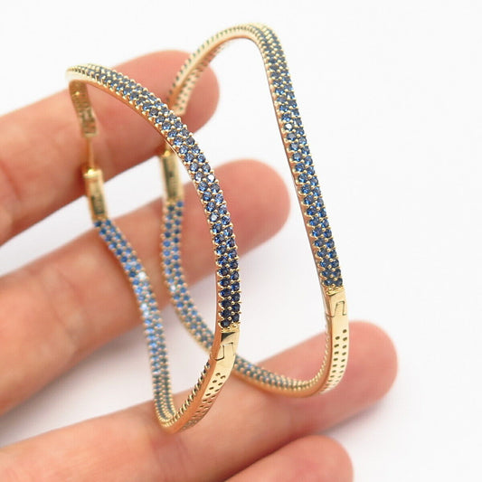 925 Sterling Gold Plated Blue C Z In & Out Curved Hoop Earrings