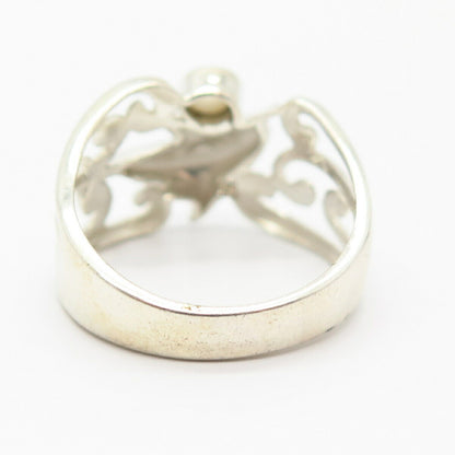 925 Sterling Silver Real Pearl Friendly Dolphin Design Ring