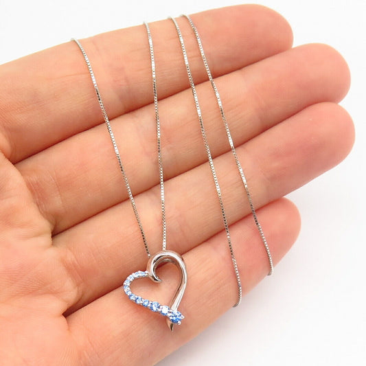 925 Sterling Cornflower-Tone C Z Open Heart Design Pendant Chain Necklace 17"