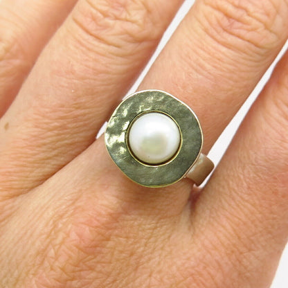 925 Sterling Silver / 14K Real Pearl Hammered Finish Ring Size 7 3/4