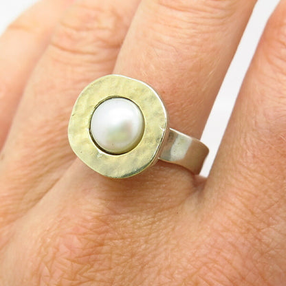 925 Sterling Silver / 14K Real Pearl Hammered Finish Ring Size 7 3/4