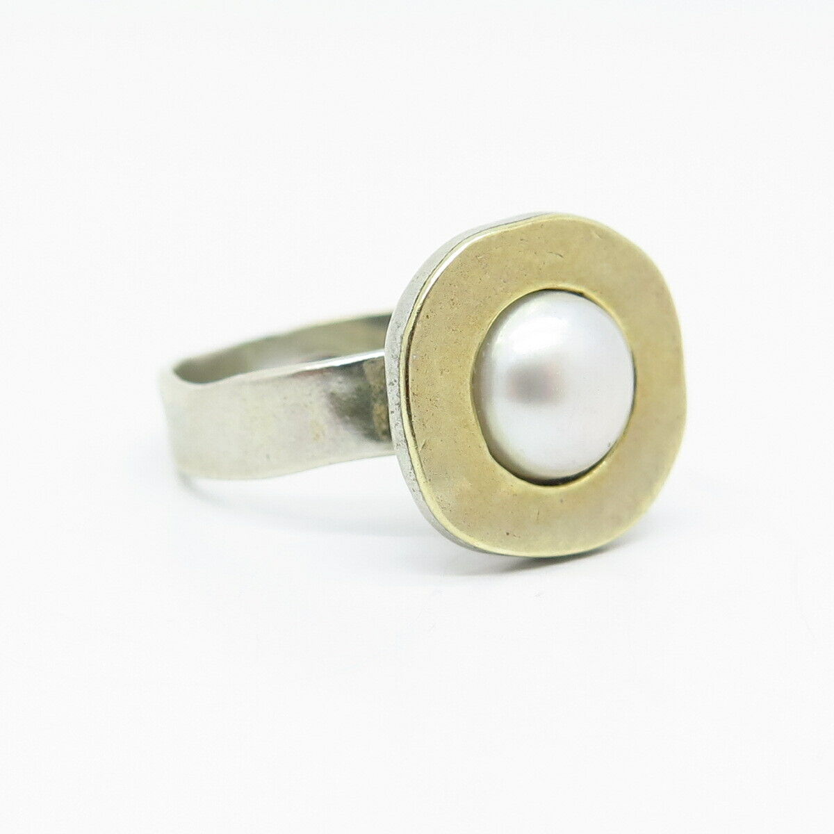 925 Sterling Silver / 14K Real Pearl Hammered Finish Ring Size 7 3/4