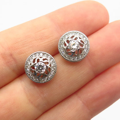 925 Sterling Silver C Z Ornate Design Round Stud Earrings