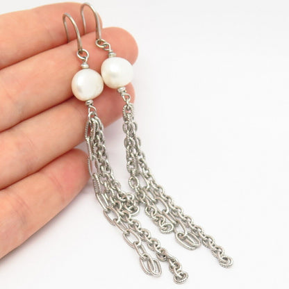 925 Sterling Silver Italy Real Pearl Long Chain Design Dangling Earrings