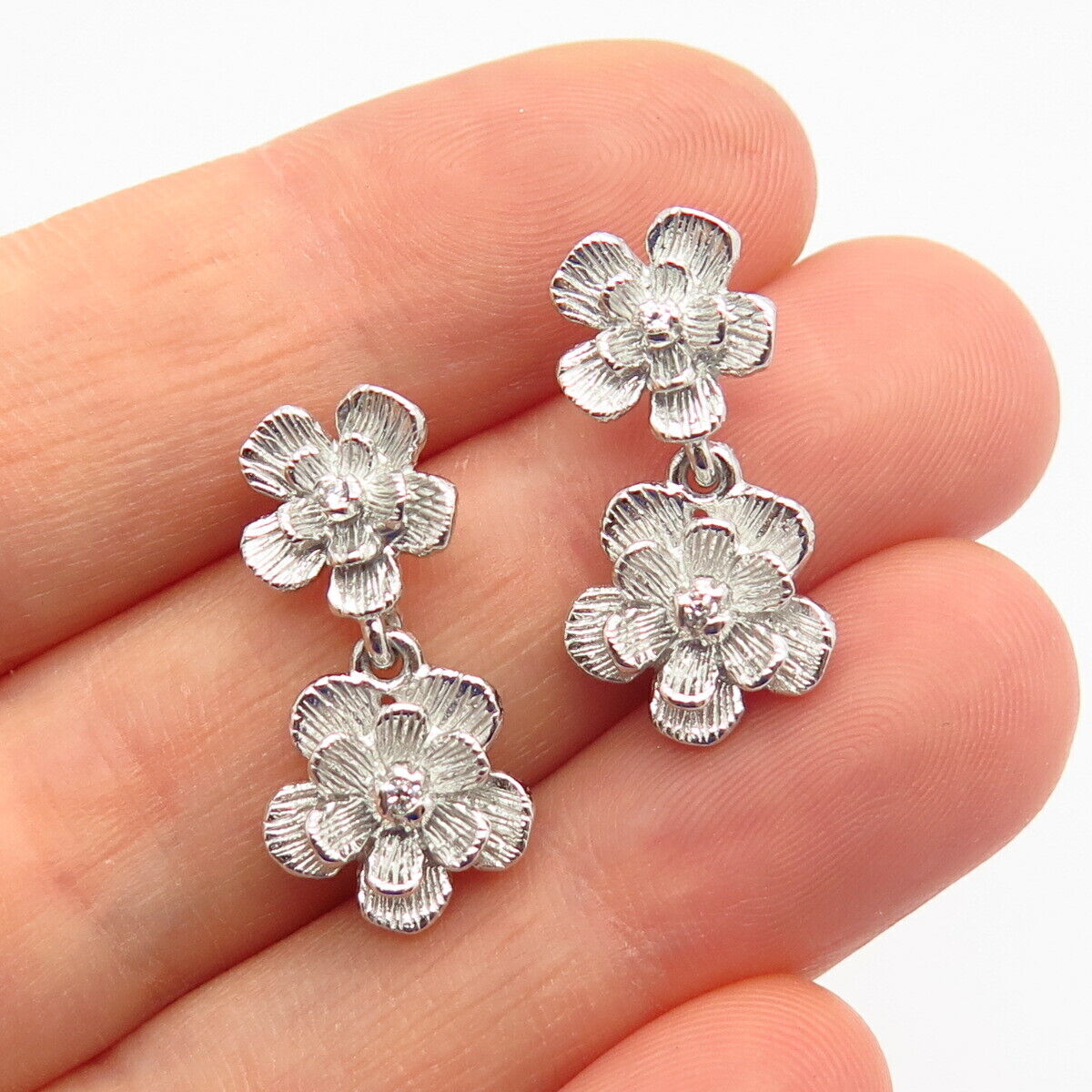 925 Sterling Silver C Z Graduated Floral Design Dangling Earrings