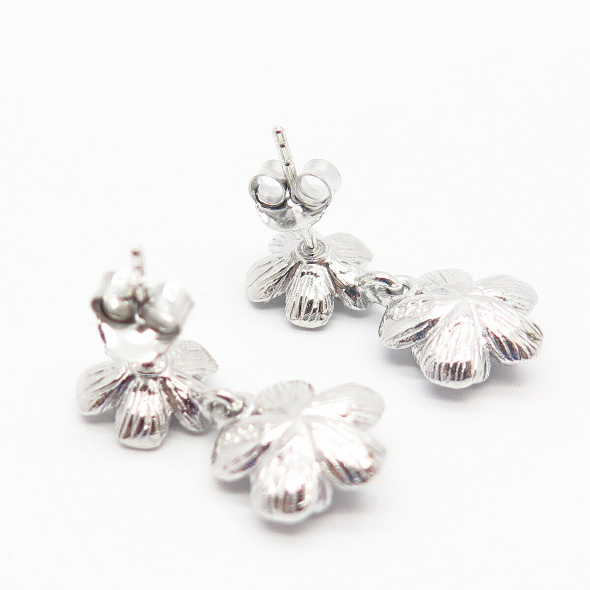 925 Sterling Silver C Z Graduated Floral Design Dangling Earrings