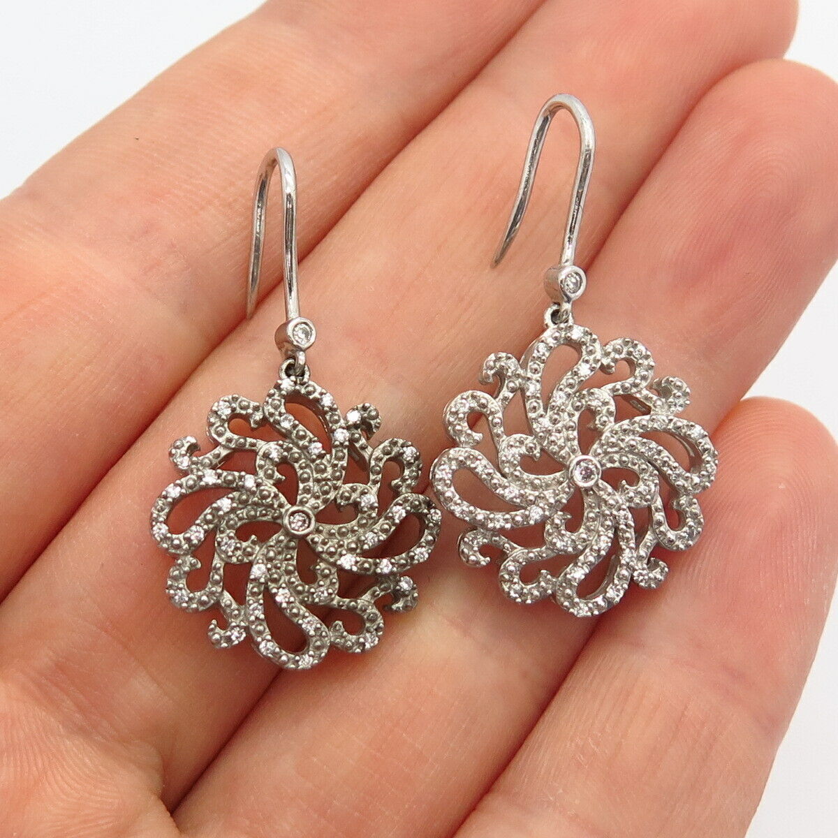 925 Sterling Silver C Z Floral Design Dangling Earrings