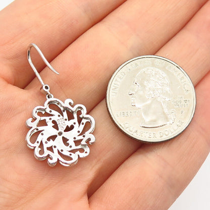 925 Sterling Silver C Z Floral Design Dangling Earrings