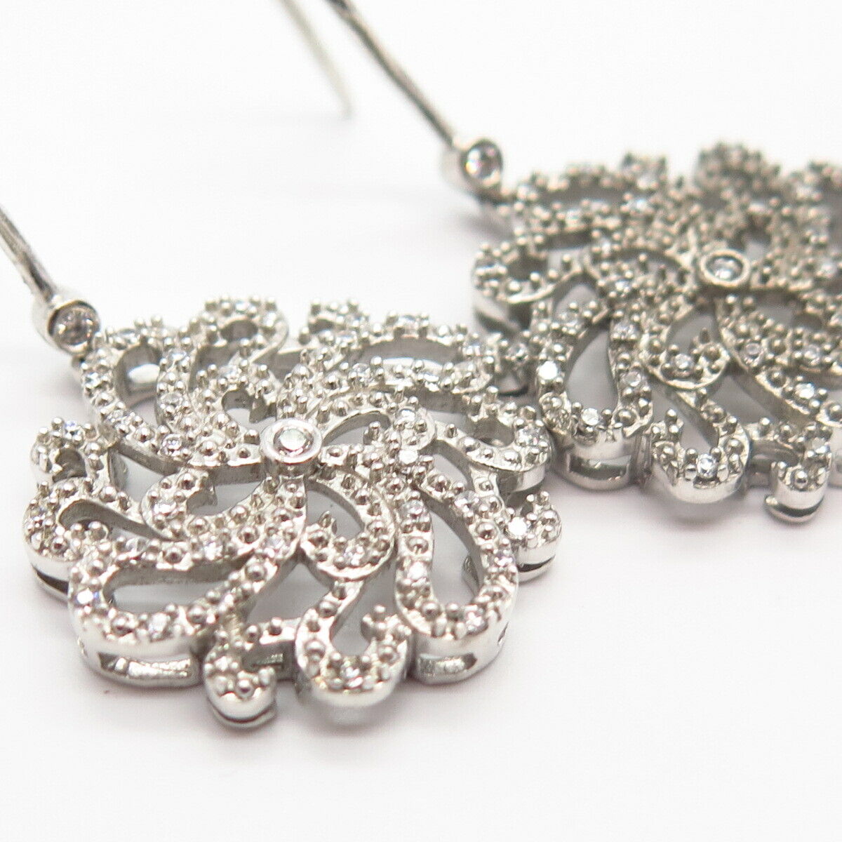 925 Sterling Silver C Z Floral Design Dangling Earrings