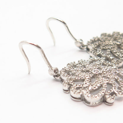 925 Sterling Silver C Z Floral Design Dangling Earrings