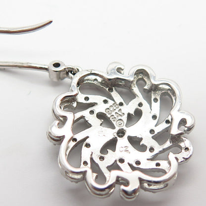 925 Sterling Silver C Z Floral Design Dangling Earrings