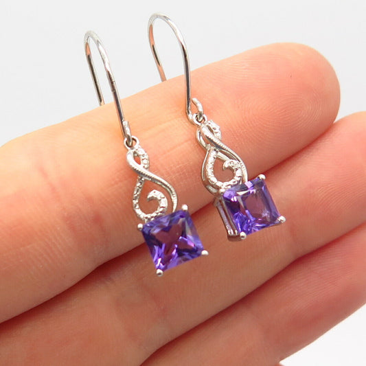 925 Sterling Silver White & Amethyst-Tone C Z Infinity Design Dangling Earrings