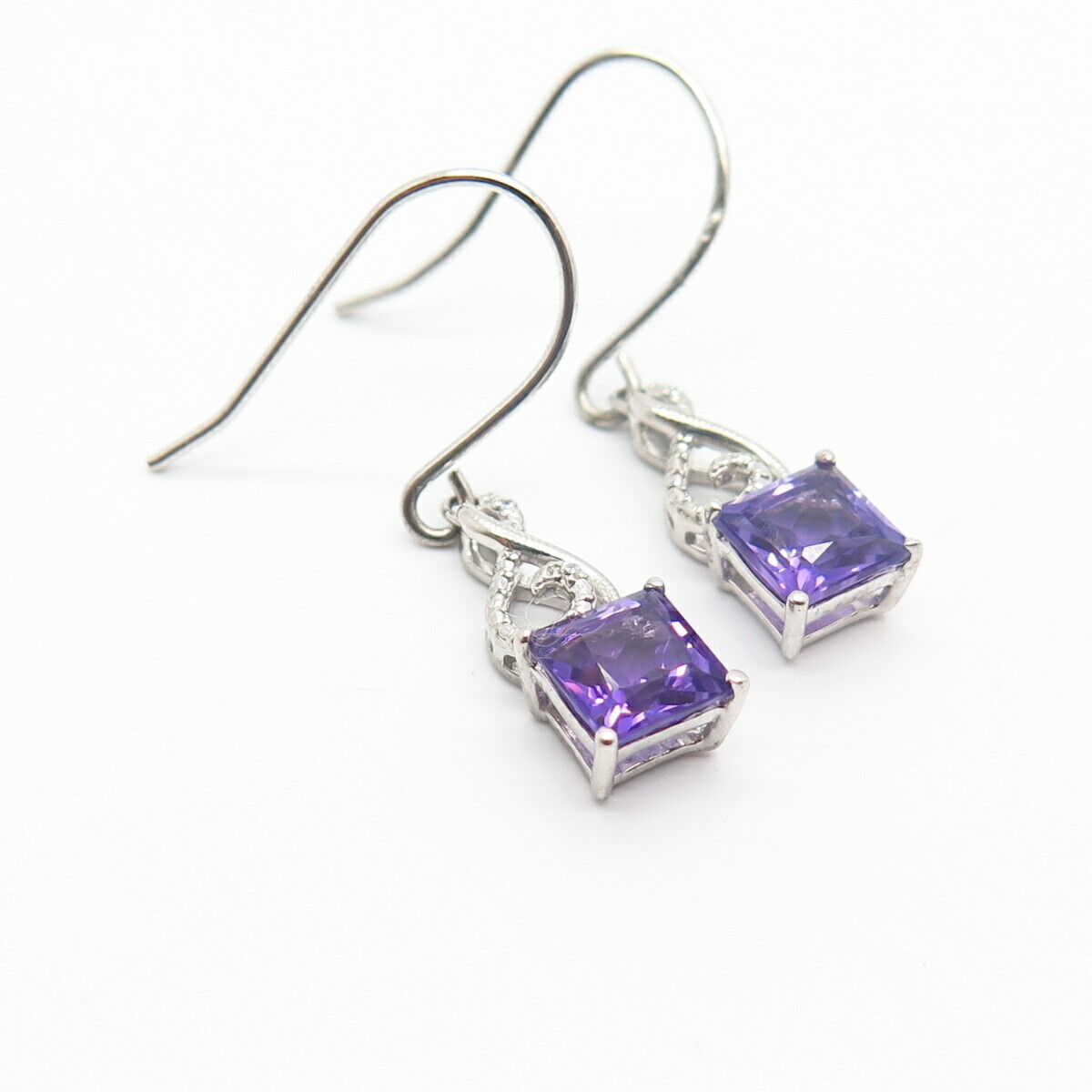 925 Sterling Silver White & Amethyst-Tone C Z Infinity Design Dangling Earrings