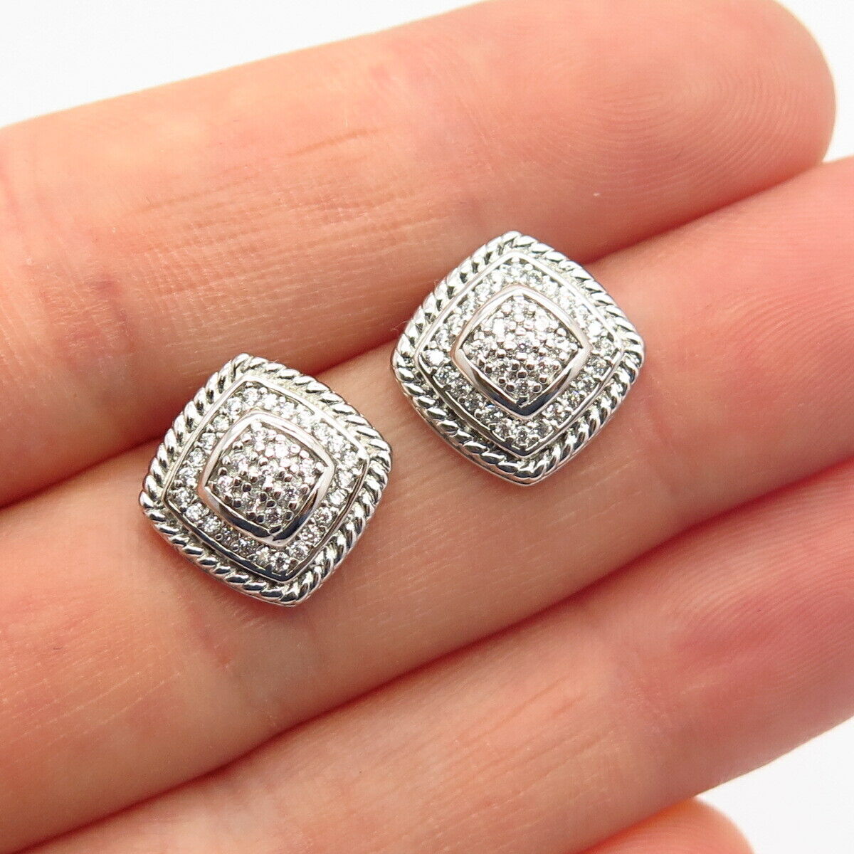 925 Sterling Silver C Z Square Design Stud Earrings