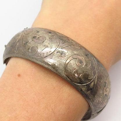 925 Sterling Silver Vintage Siam Etched Leaf Hinged Bangle Bracelet 7 3/4"