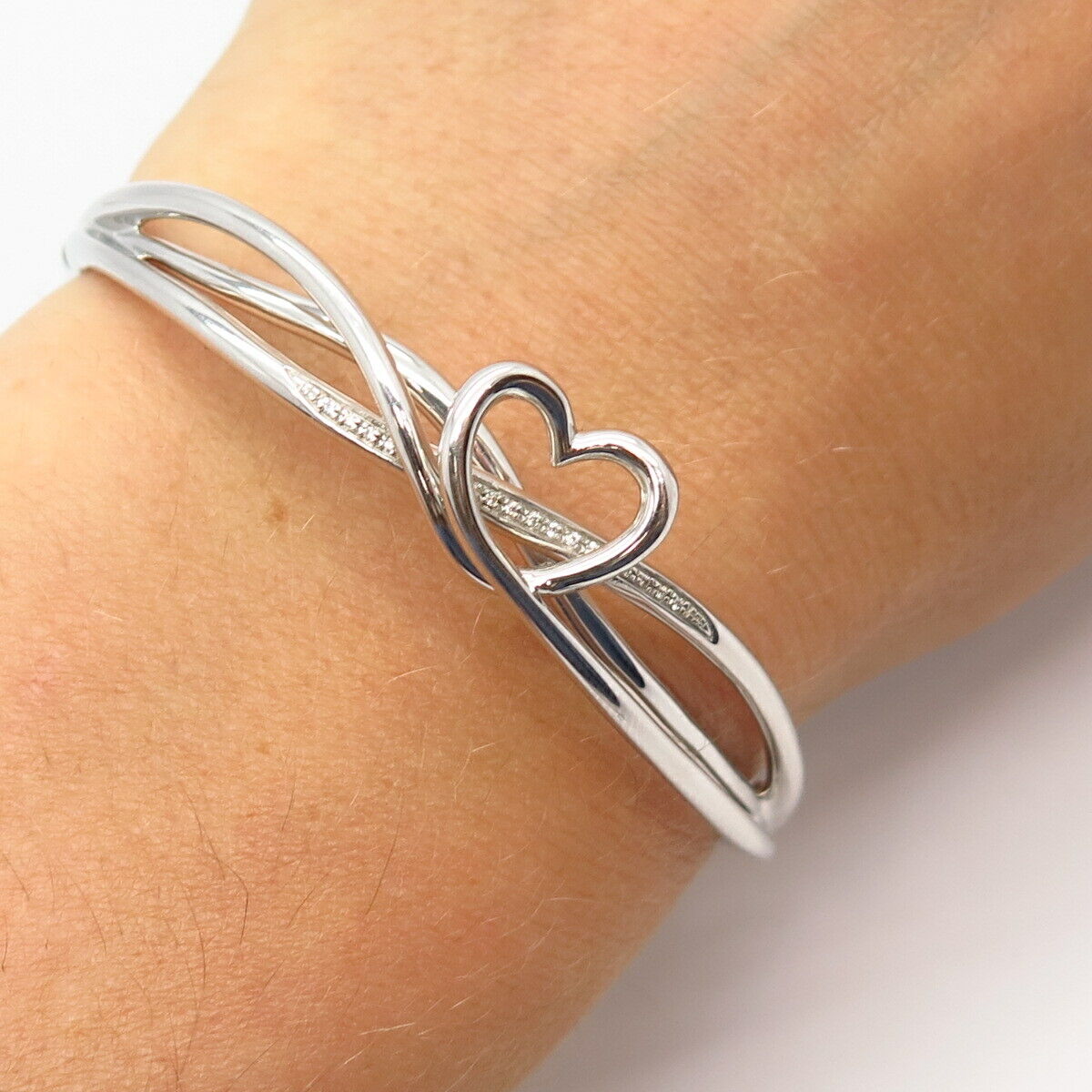 925 Sterling Silver C Z Crossover Heart Design Hinged Bangle Bracelet 6 3/4"