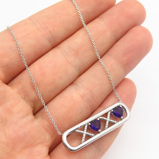 925 Sterling Real Amethyst Gem & C Z "XO" Hugs Design Pendant Chain Necklace 16"