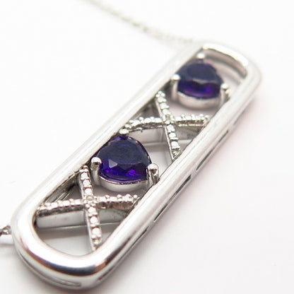 925 Sterling Real Amethyst Gem & C Z "XO" Hugs Design Pendant Chain Necklace 16"