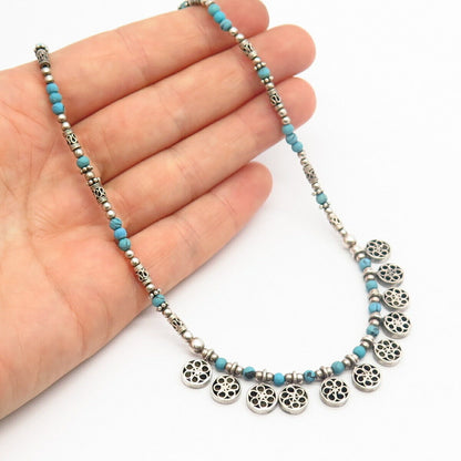 925 Sterling Silver Real Turquoise Gem Tribal Design Bead Chain Necklace 15"