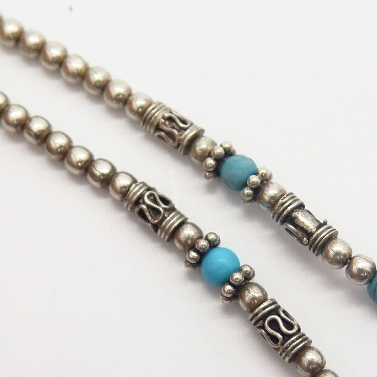 925 Sterling Silver Real Turquoise Gem Tribal Design Bead Chain Necklace 15"