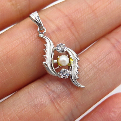 925 Sterling Silver Vintage Real Pearl & C Z Leaf Design Pendant