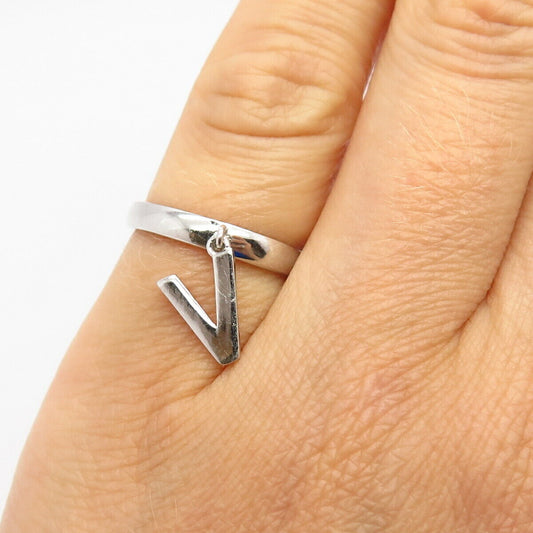 925 Sterling Silver Dangling Letter "V" Initial Adjustable Ring Size 5.5