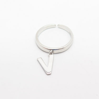 925 Sterling Silver Dangling Letter "V" Initial Adjustable Ring Size 5.5