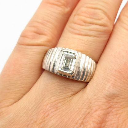 925 Sterling Silver C Z Ribbed Design Signet Ring Size 7 3/4