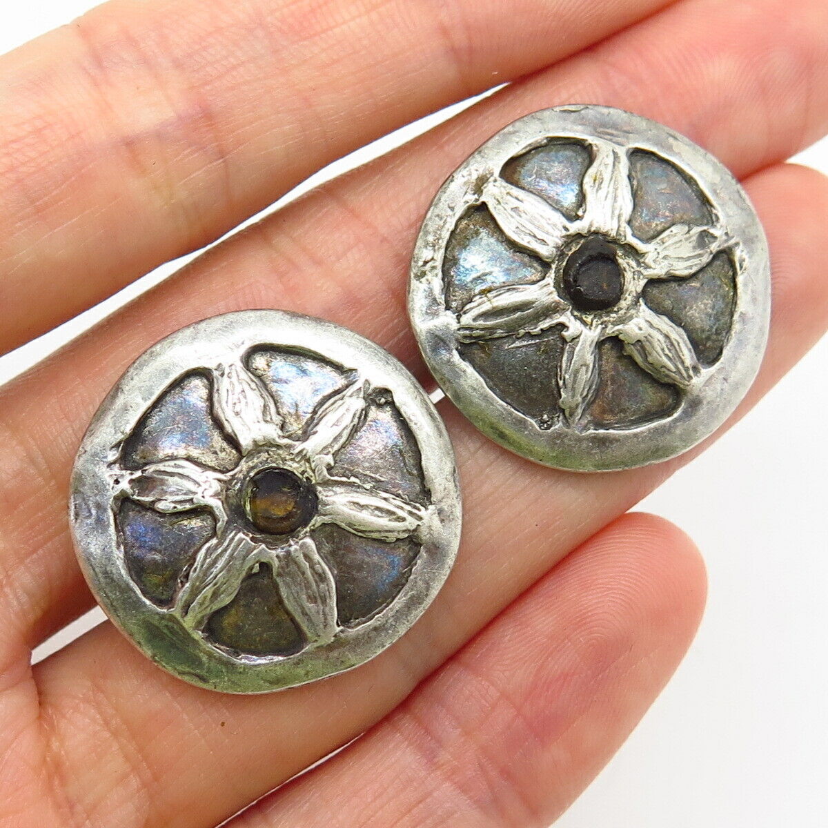 925 Sterling Silver Modernist Floral Design Round Earrings