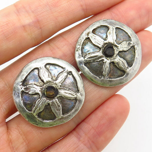 925 Sterling Silver Modernist Floral Design Round Earrings